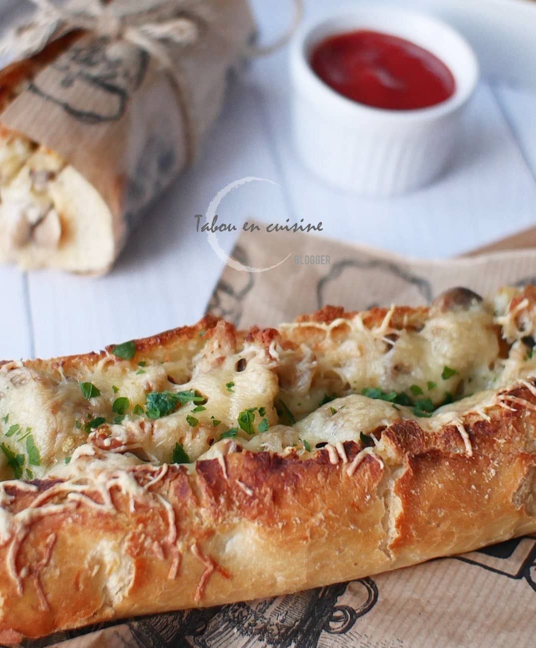 Baguettes gratinées poulet et champignons Tabou en cuisine